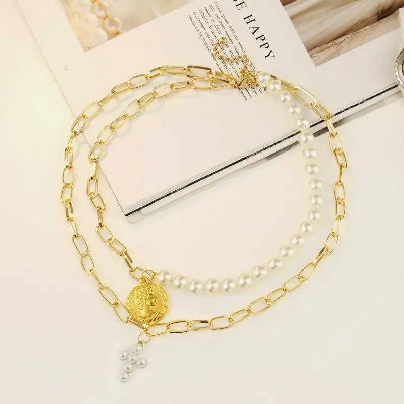 Multi Layer Mix Pearl Cross Coin Charm Necklace