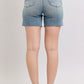Vintage Wash Stretchy Hem Slit Denim Shorts