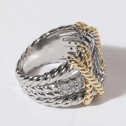 Cz Rope Texture Multi Layered Gold Plated Ring