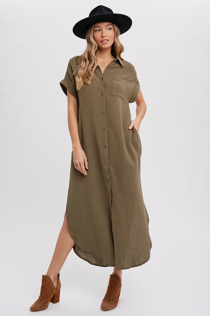 Button Up Maxi Shirt Dress with Pocket