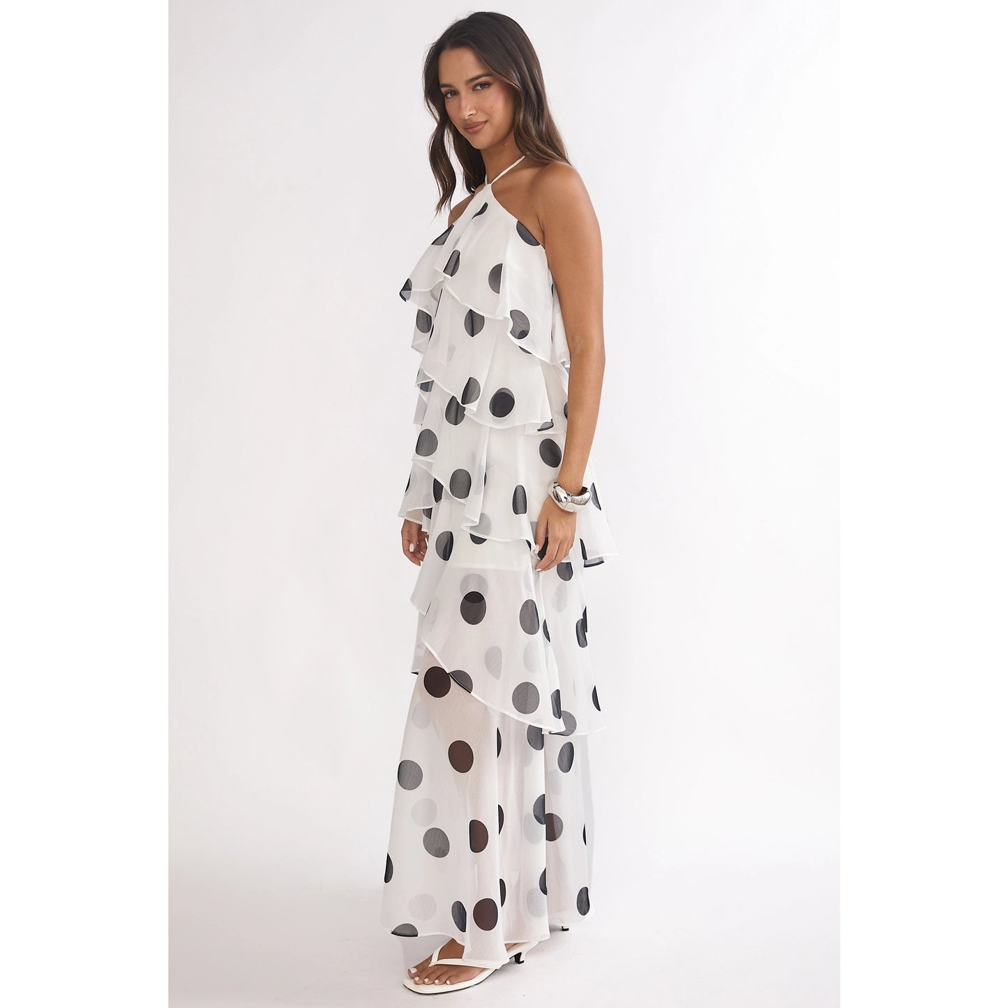 Halter Polka Dot Tiered Maxi Dress