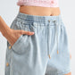 Light Wash Denim Drawstring Shorts Side Buttons