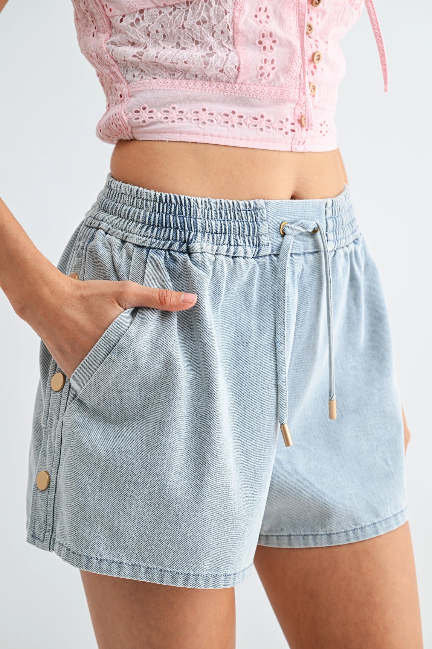 Light Wash Denim Drawstring Shorts Side Buttons