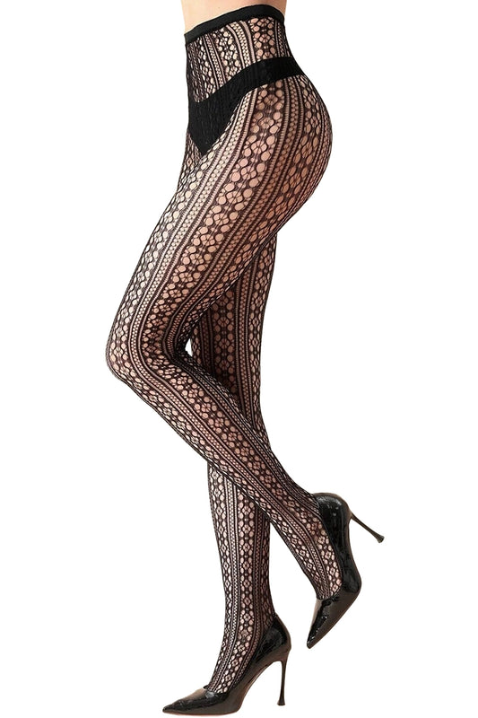 High Rise French Cut Floral Lace Net Sheer Tight Pantyhose