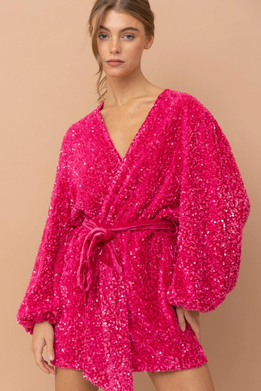 Sequin Velvet Wrap Tie Puff Sleeve Glamour Dress