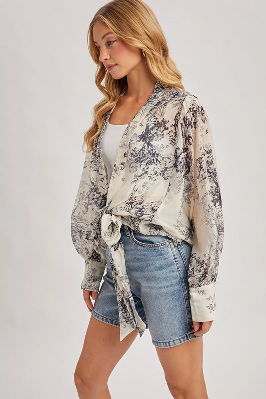 Botanical Print Tied Front Balloon Sleeved Kimono