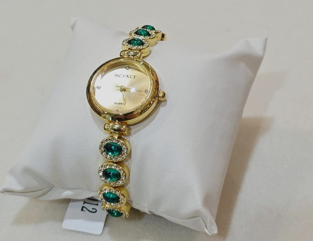 Gold Bracelet Watch with Green Crystals