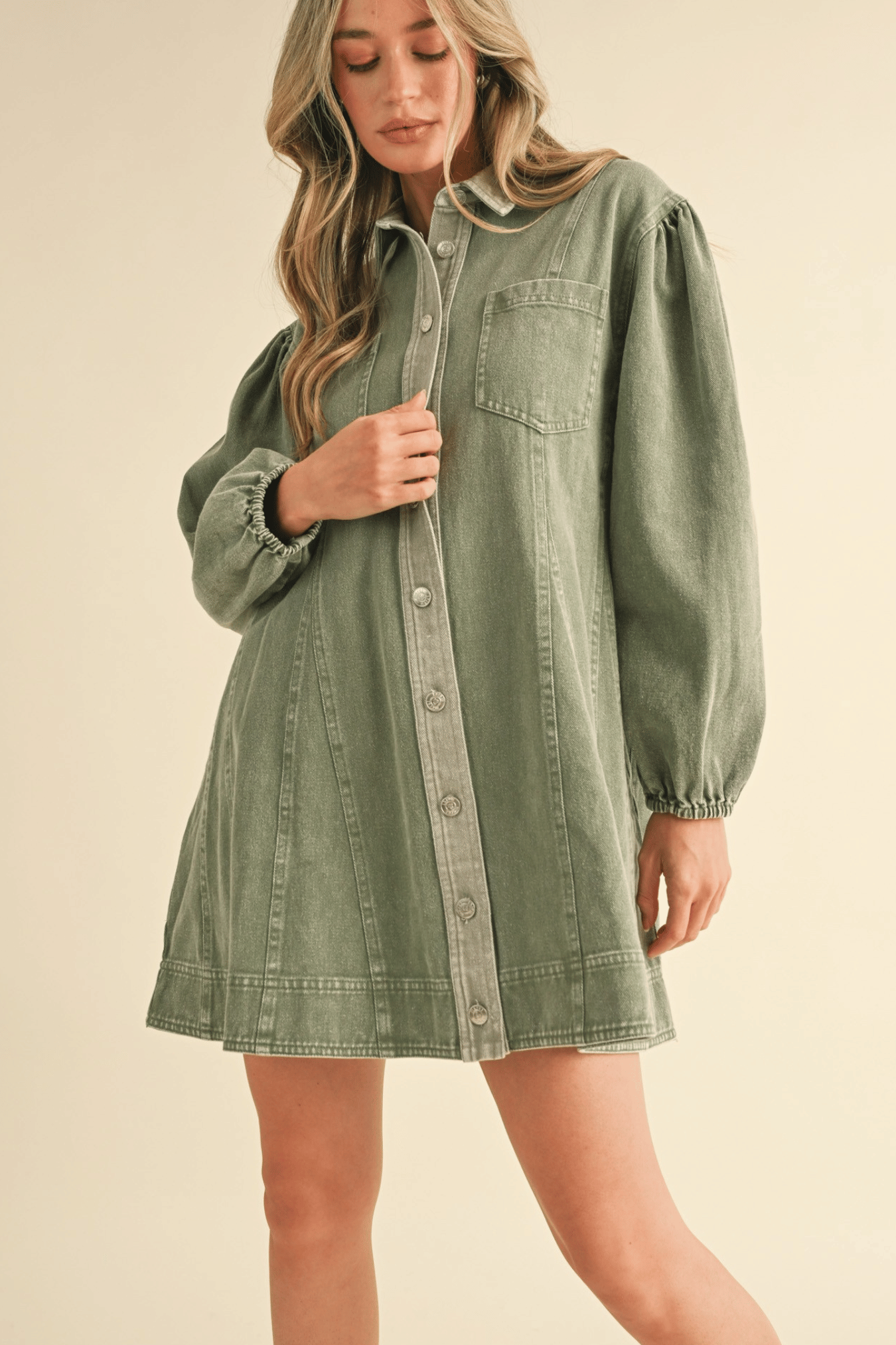 Washed Denim Button Down Flared Dress