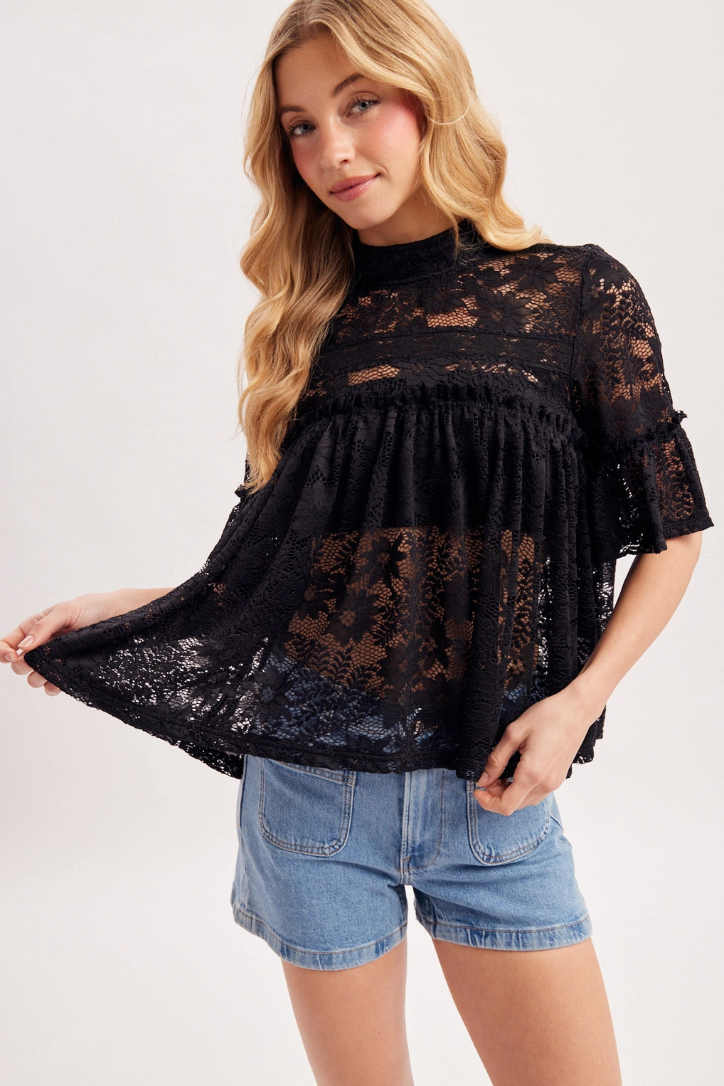 Mock Neck Baby Doll Lace Top with No Lining