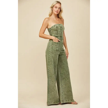 Boho Mineral Wash Wide Leg Denim Jumpsuit