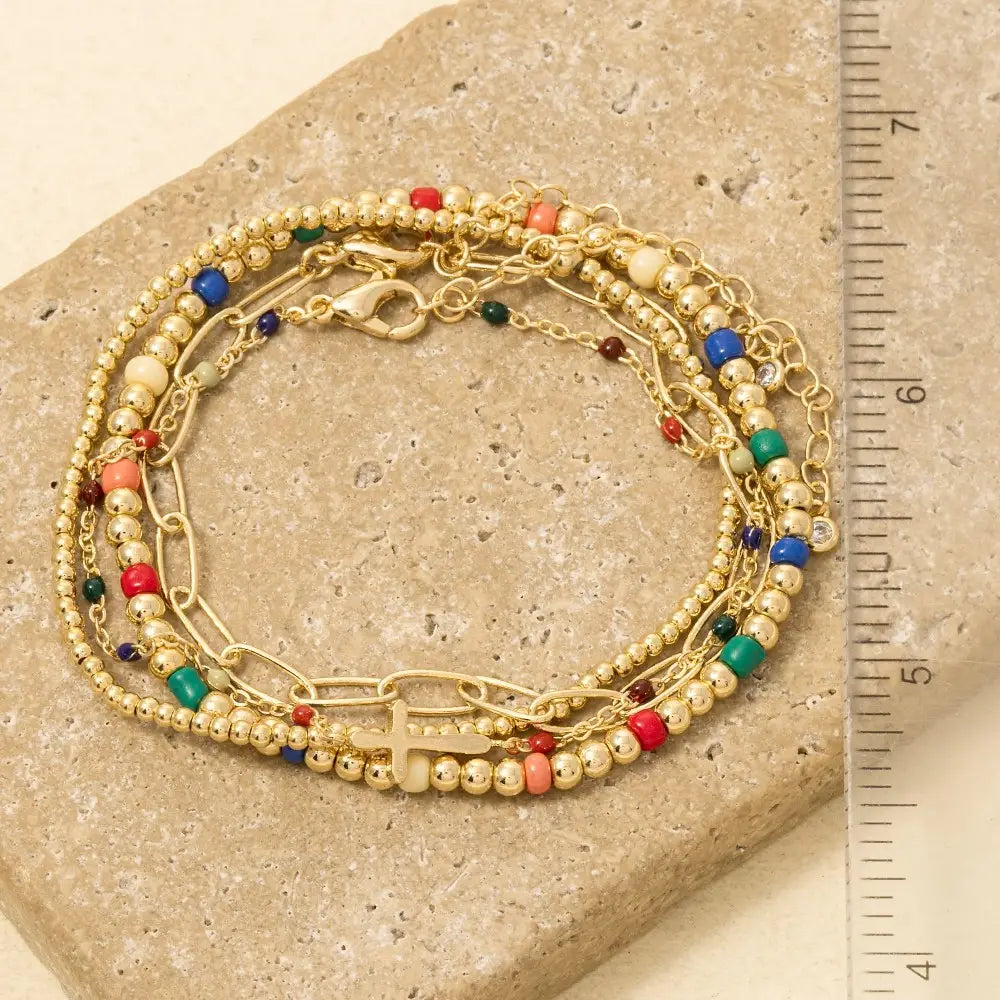 Cross Charm Mixed Beads and Chains Bracelet
