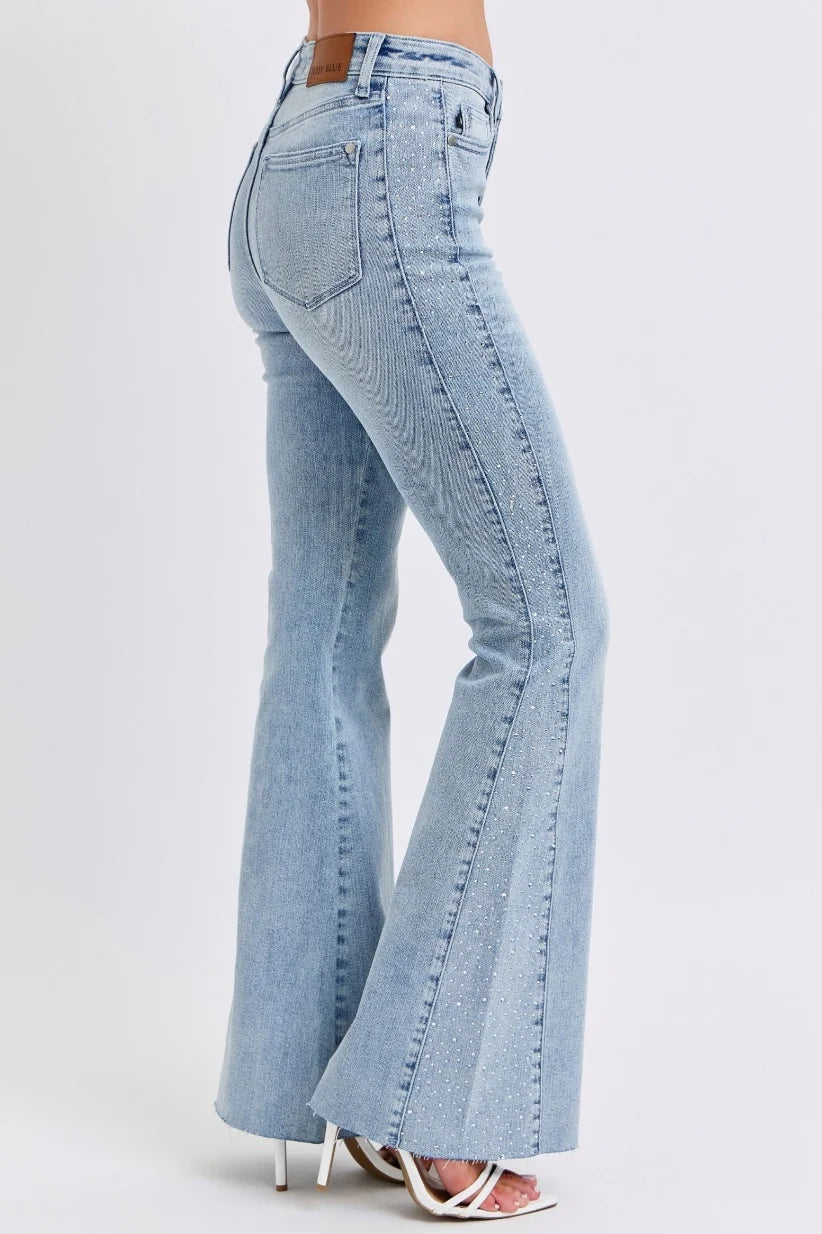 Mid Rise Rhinestone Side Detail Flare Denim Jeans
