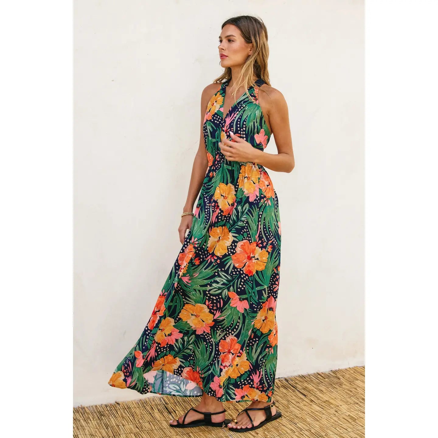 Hibiscus Crossed Back Strap Maxi Dress