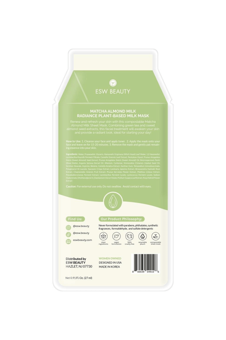 ESW Beauty Matcha Almond Milk Radiance Plant-Based Milk Sheet Mask