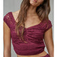 Knit Nylon Spandex Lace Cap Sleeve V Neck Crop Top