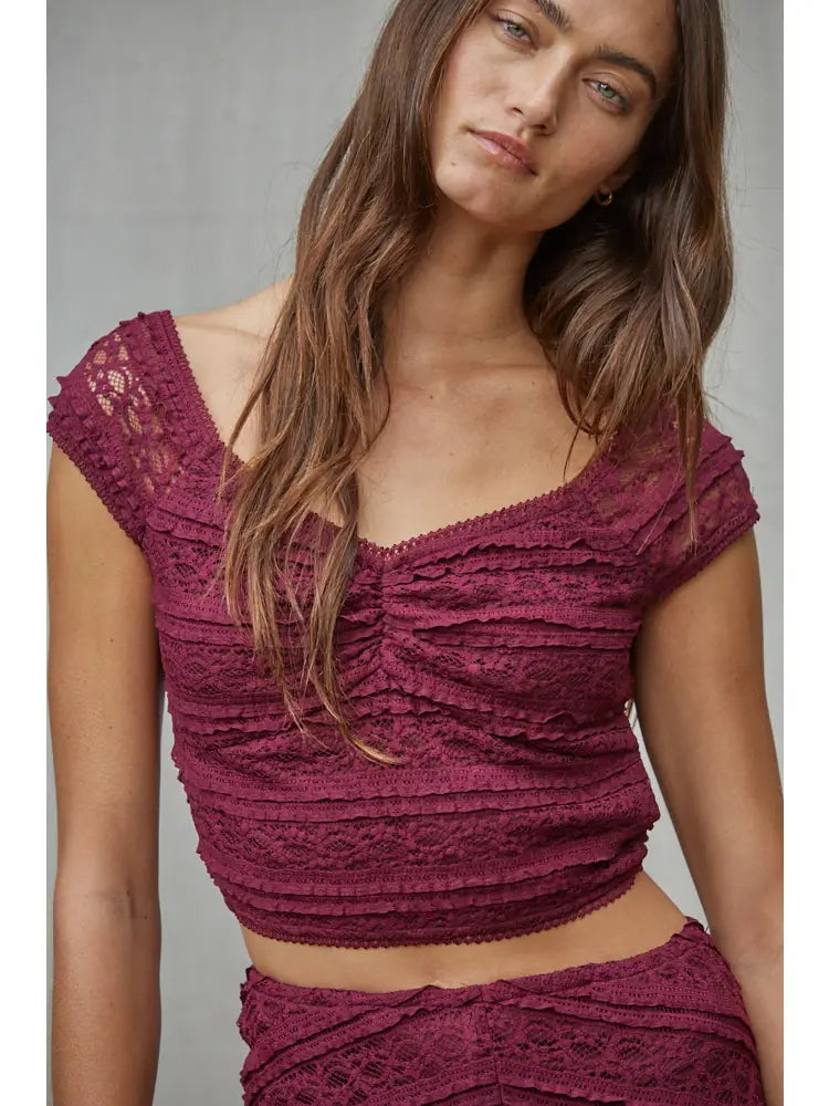 Knit Nylon Spandex Lace Cap Sleeve V Neck Crop Top