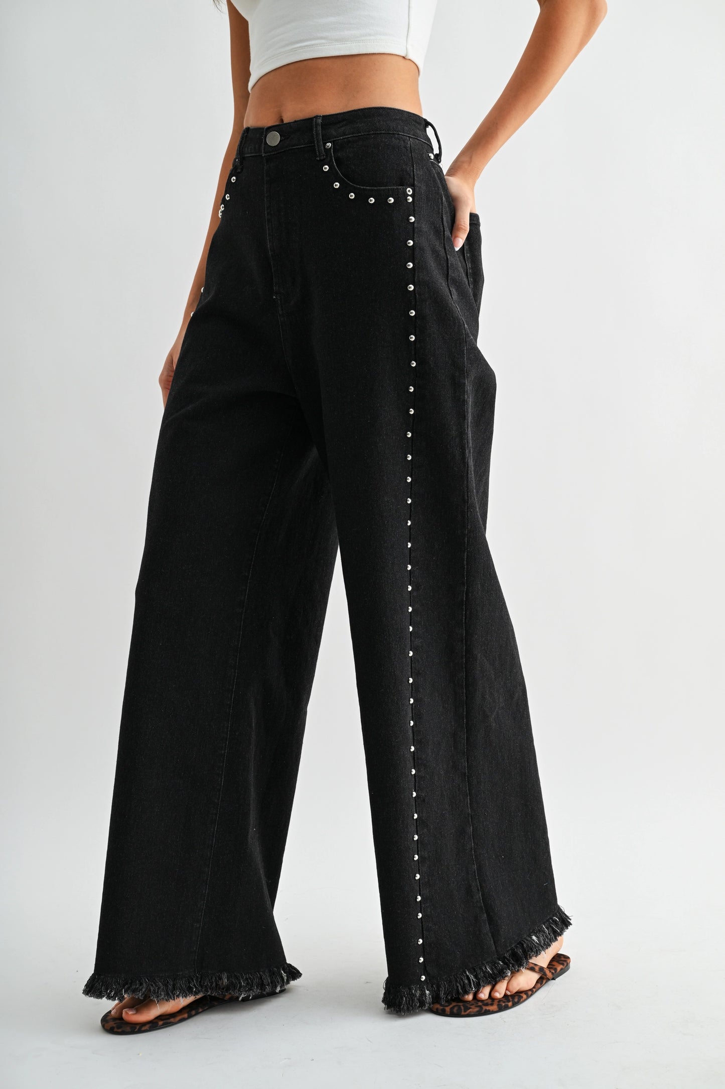High-Waisted Black Wide-Leg Denim Stud Pants