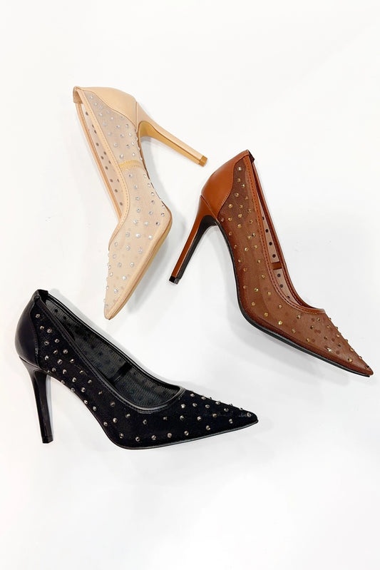 Rhinestone Embellished Pointed Mesh Heel