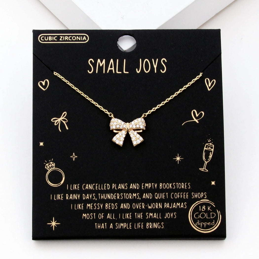 Gold Dipped Ribbon Bow Pave Cz Necklaces