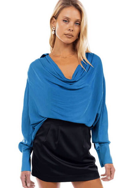 Draped Cowl Neck Blouse with Buttoned Cuffs