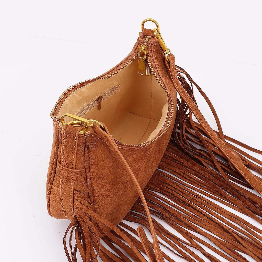 Fringe Trimmed Suede Crossbody Bag