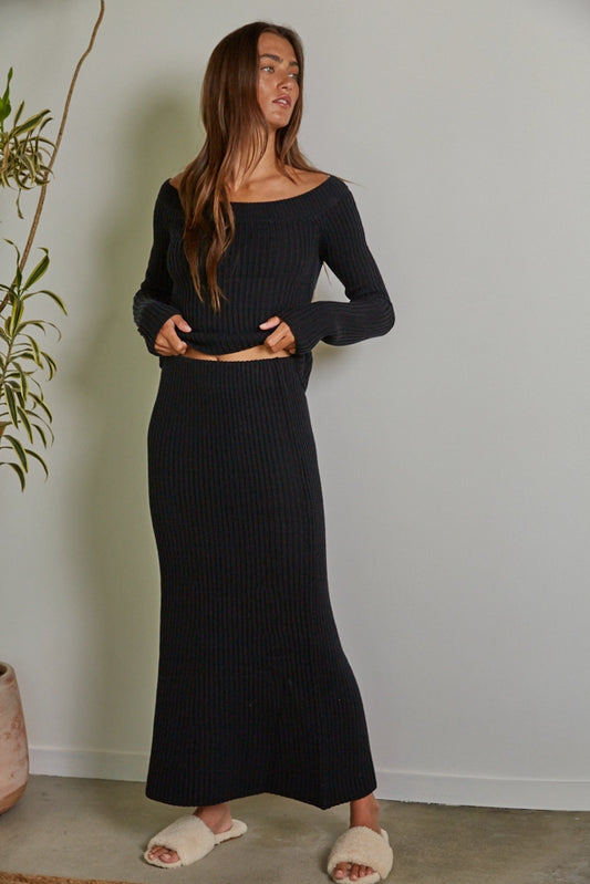 Knit Ribbed Sweater Waist Flare Midi Skirt