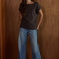 Woven Cotton Boat Neck Top with Bead Stud Detail