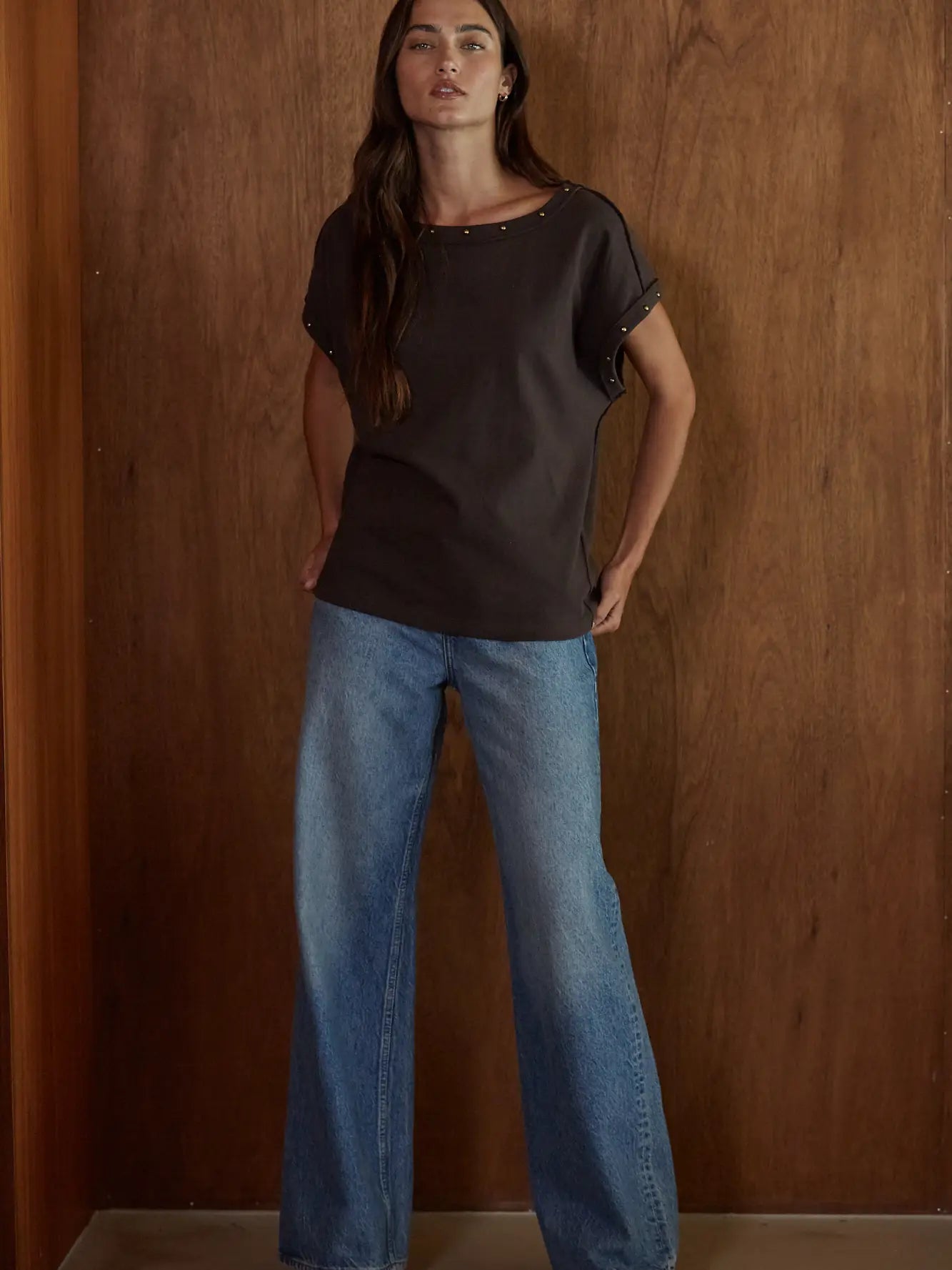 Woven Cotton Boat Neck Top with Bead Stud Detail