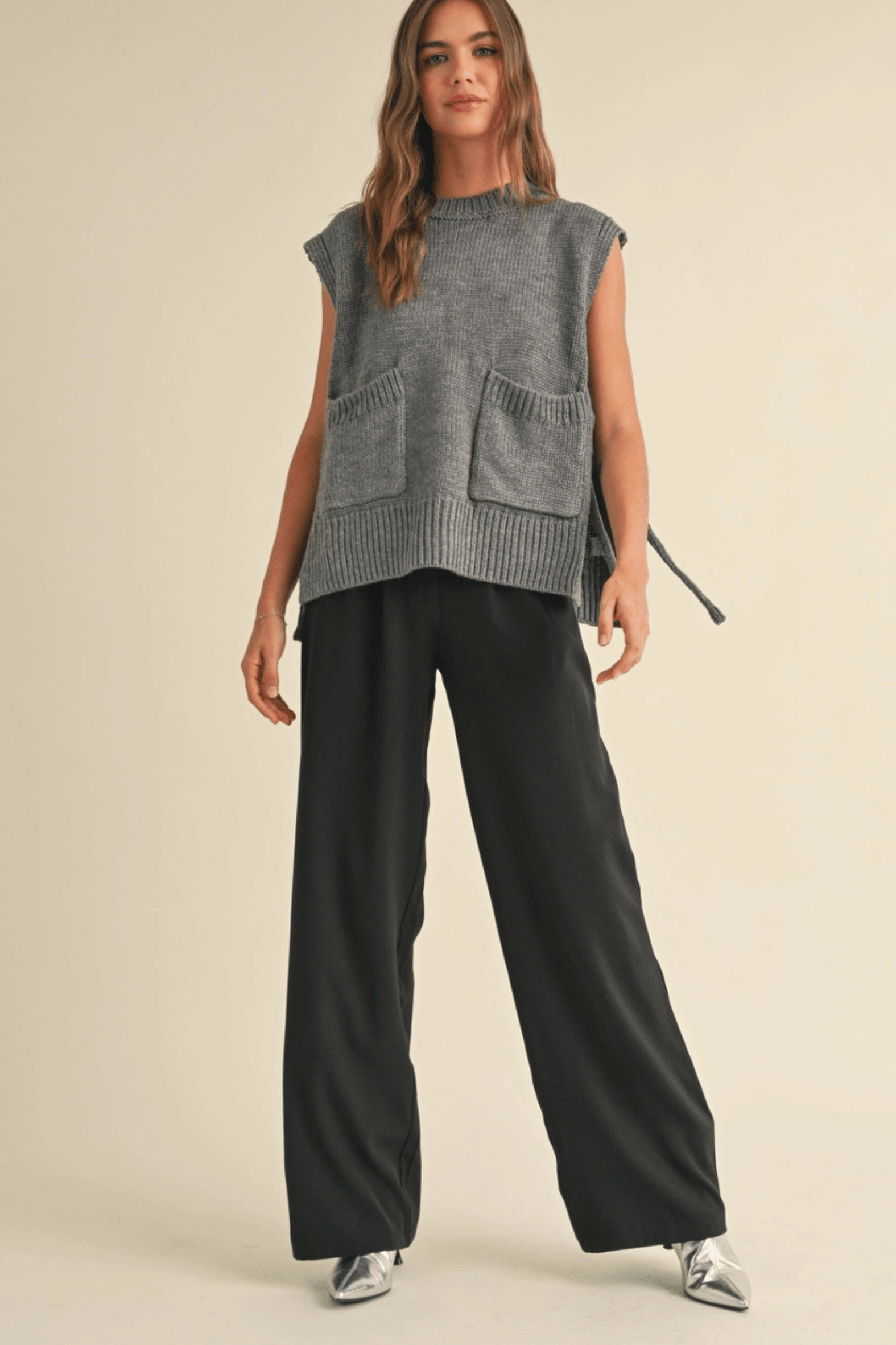 Sleeveless Pocket Detail Side Tie Sweater Vest