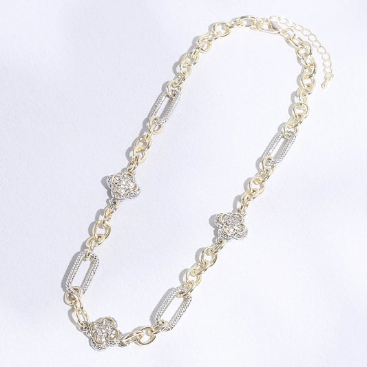 Cz Clover Pendant Multi-Toned Link Necklace