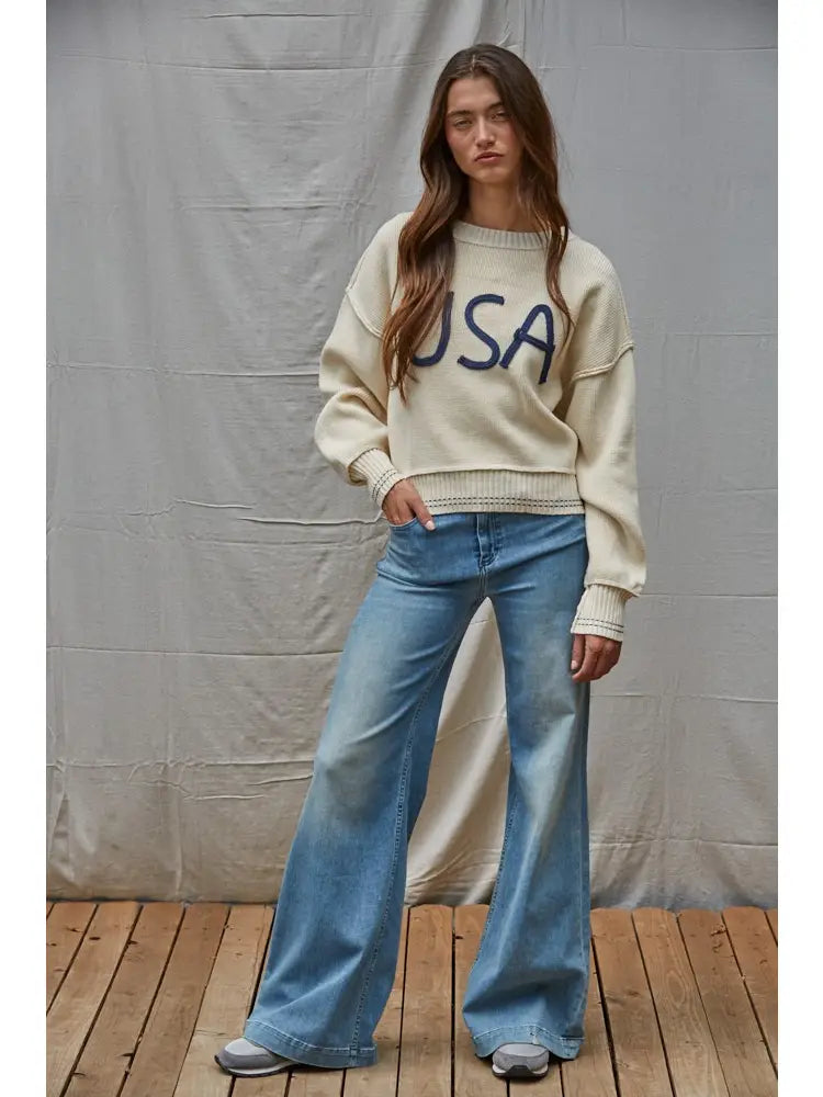 Knit Sweater Pullover Top with Embroidered "USA"