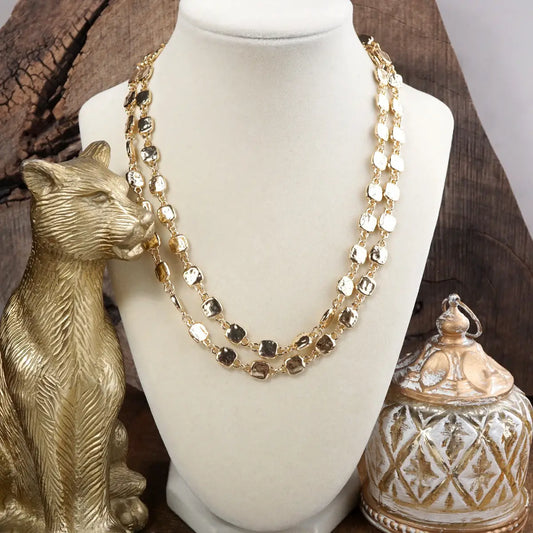 Golden Current – Textured Double Strand Square Link Necklace