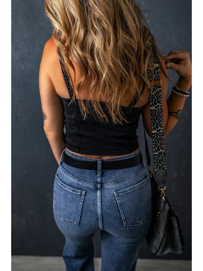 Button-Up Cropped Slim Fit Denim Tank Top