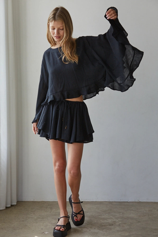 Woven Rayon Nylon Round Neck Long Sleeve Top