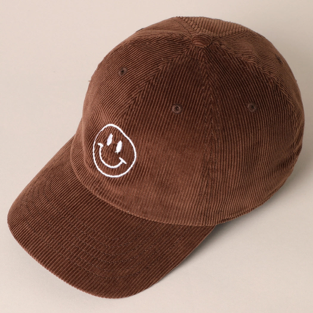 Happy Face Embroidered Corduroy Baseball Cap