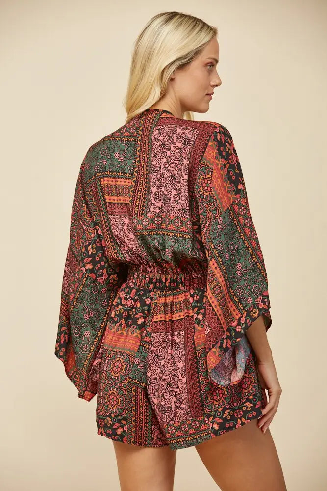 Batwing Sleeved Boho Paisley Print Romper