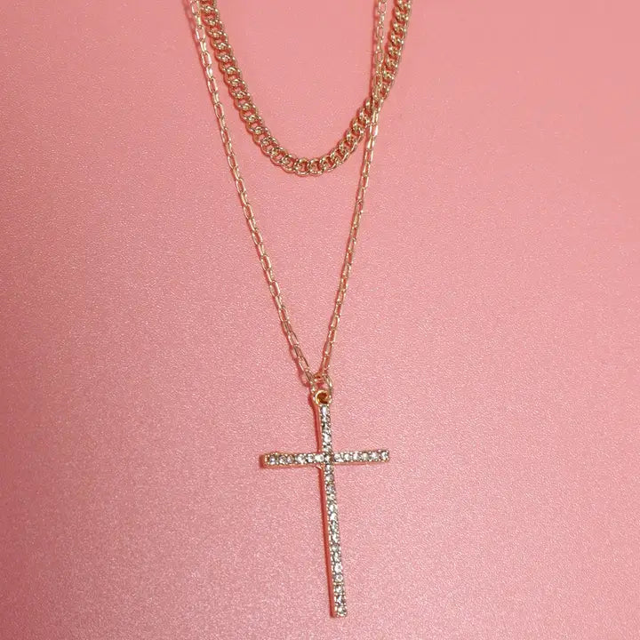 Double Layer Rhinestone Cross Necklace