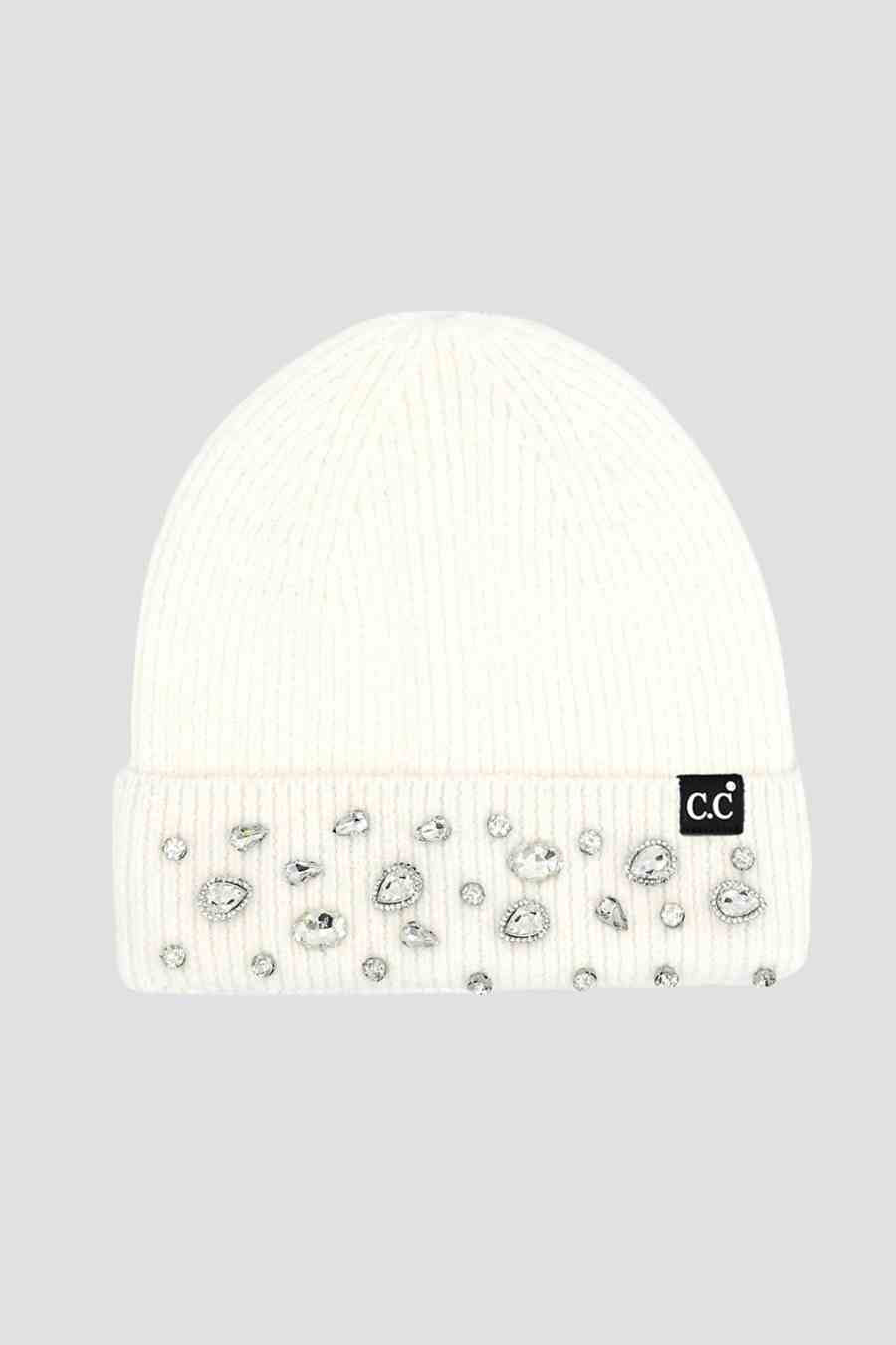 Rhinestone Charm Ribbed Cuff Beanie - White