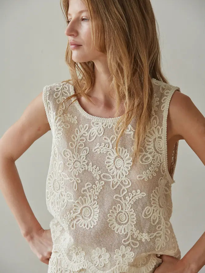 Woven Cotton Floral Lace Work Sleeveless Top
