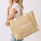 Woven Straw Fringe Tote with Summer Embroidery