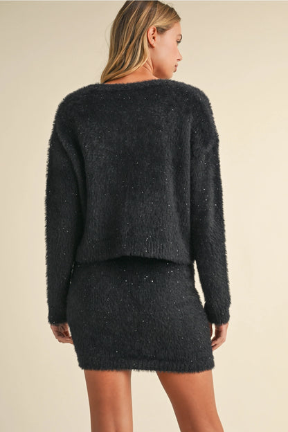 A Sequins Fuzzy Soft Sweater Cardigan and Skirt Set