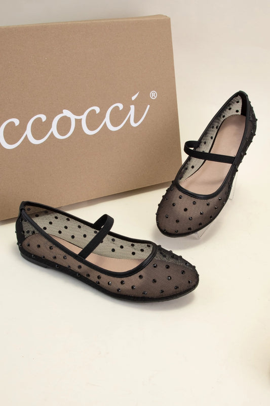 Rhinestone Embellished Mesh Mary Jane Flats