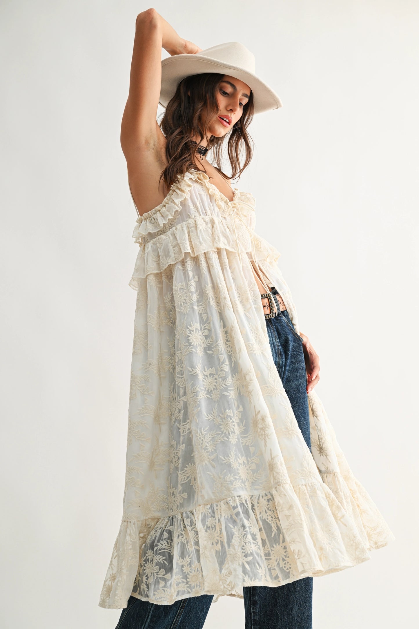 Sheer Floral Lace Ruffle Cover Up Top