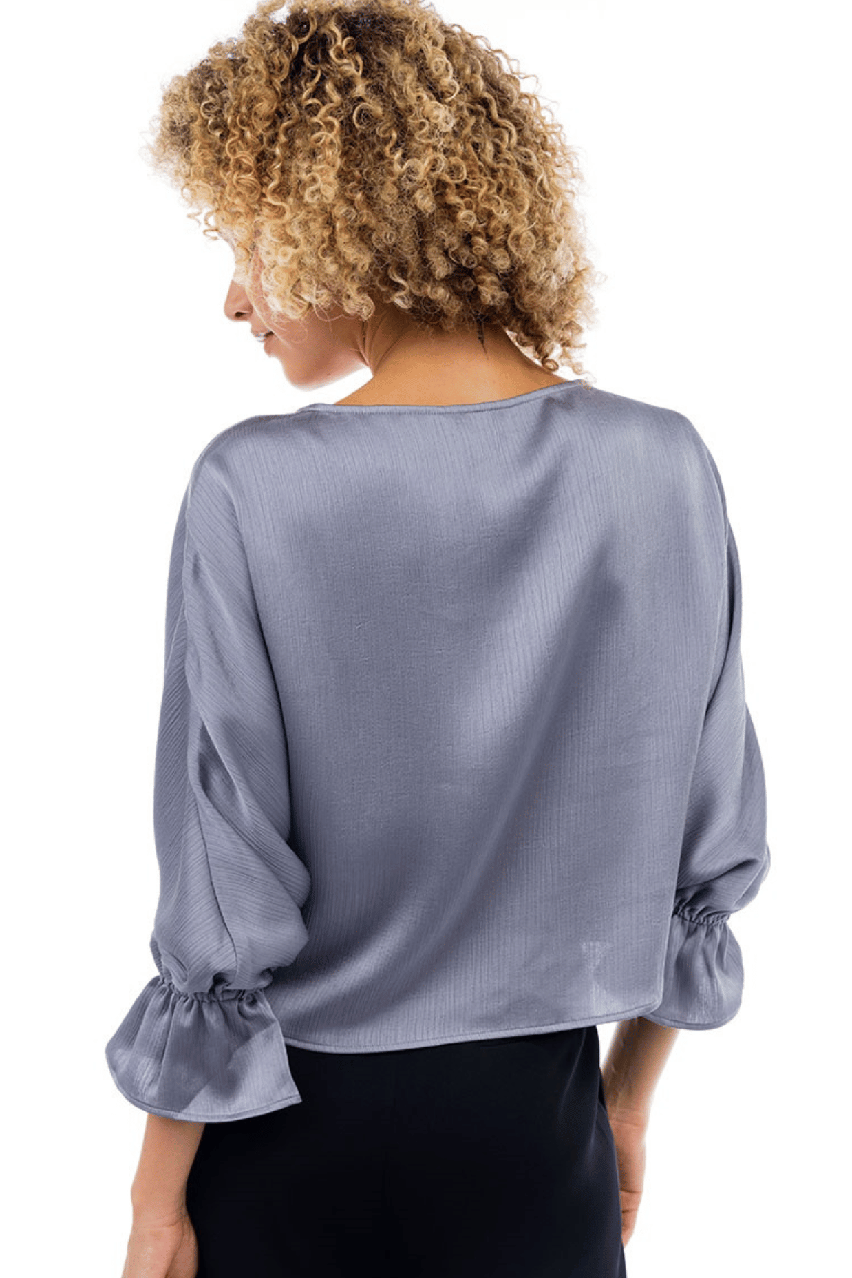 Boat Neck Blouse with Gathered Cuff Sleeves