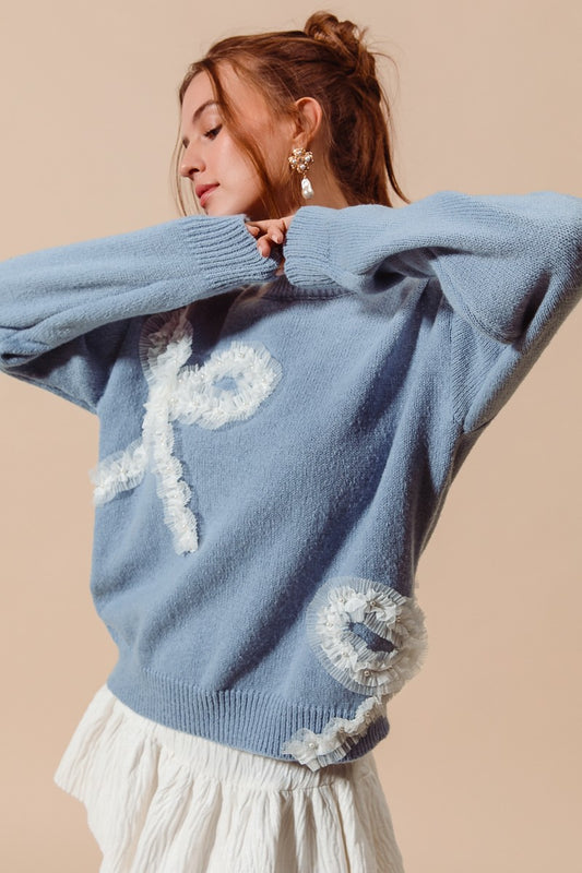 Big Ribbon Ruffled Trimmed Sweater Top