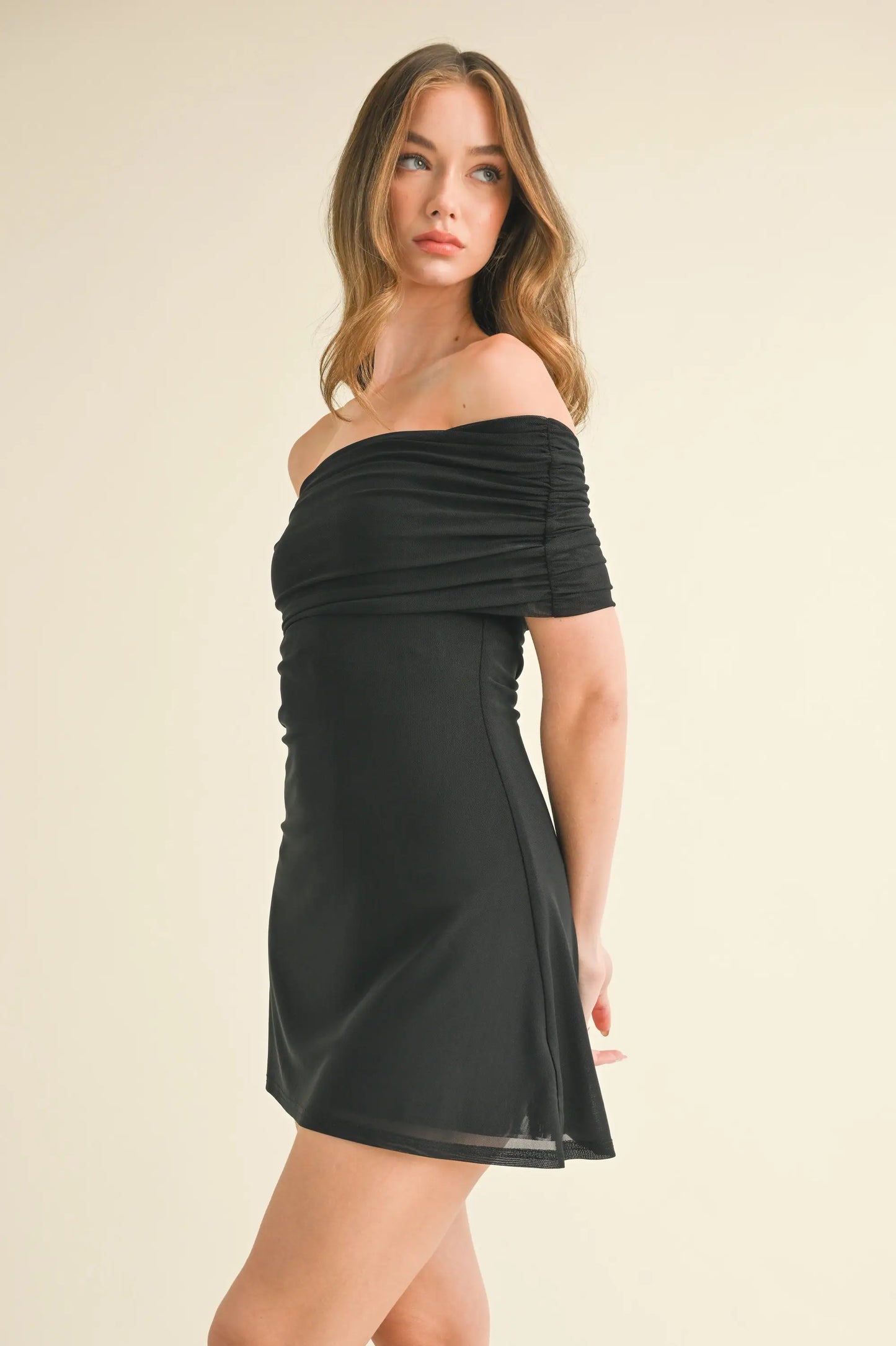 Foldover Off Shouder Mesh Mini Dress