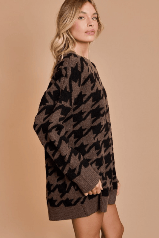 Oversized Houndstooth Print Sweater Dress