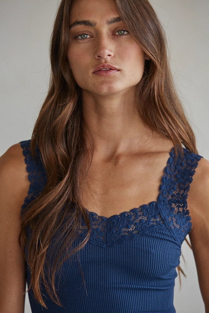 Knit Seamless Ribbed Tank Top with Lace Trim