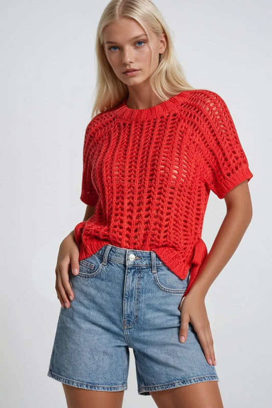 Chunky Knit Crochet Sweater Top with Side Ties