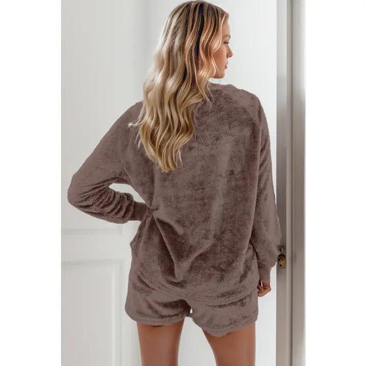 Solid Loose Fit Two Piece Fleece Lounge Set